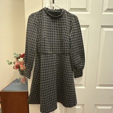 ANN TAYLOR PLAID MOCK NECK SZ 4P BLACK GRAY BALOON SLEEVE SKATER FIT FLARE DRESS