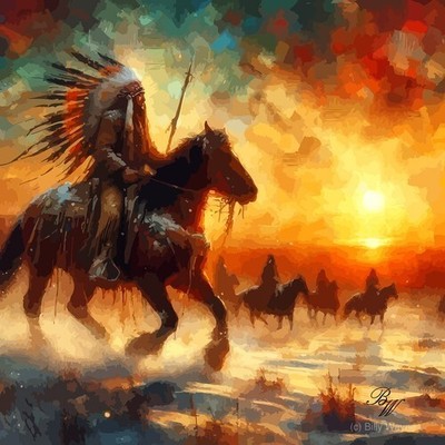 Native American Indian on horseback at sunset 3