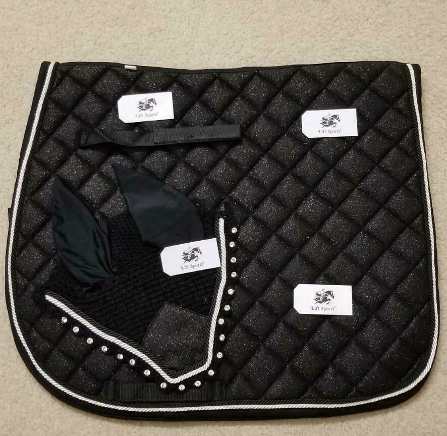 Glittery Horse English Saddle Pad Set with Matching Fly Bonnet/Veil Ear Net Mask - Image 3 of 4