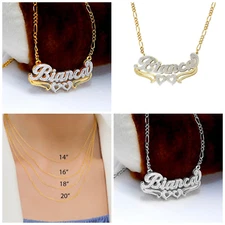 Personalized Silver & Gold Script Double Any Name Plate Necklace Free Chain 