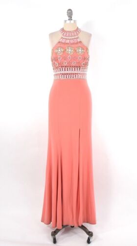 TIFFANY Designs Coral-Pink Jersey Beaded Open-Back