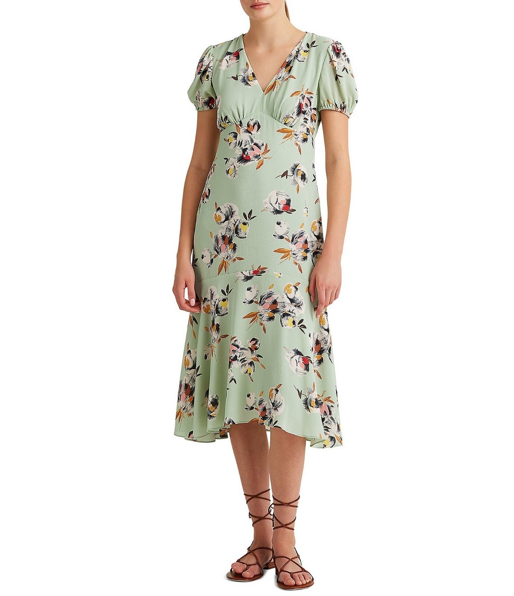 NEW LAUREN RALPH LAUREN GREEN FLORAL FIT AND FLARE MIDI DRESS SIZE 16 $165