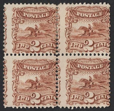 US # 113 *MINT OG H* { "SCARCE BLOCK OF 4 } 2c HORSE & RIDER OF 1869 CV$ 2000.00