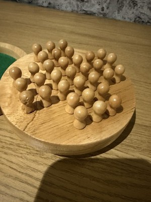 Wooden Peg Solitaire Board Game Round Travel Set Complete Swivel Storage Base