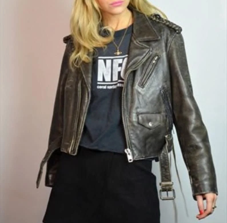 VETEMENTS Giacca di pelle da motociclista donna anni 90 cappotto in vera pelle nero invecchiato