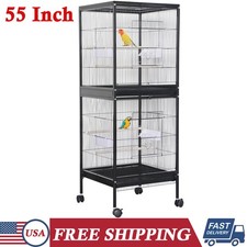 55-Inch Double Stackable Bird Cage Large Metal Parrot Cage Rolling Aviary Stand