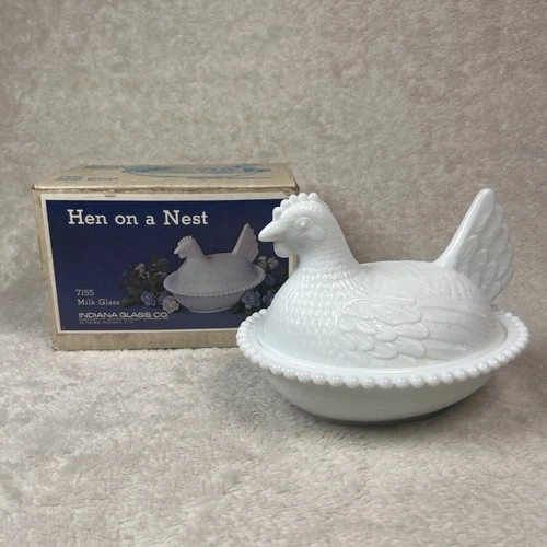Vtg Indiana Glass White Milk Glass Hen On Nest Covered Candy Dish 7155 W/Org Box