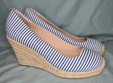Womens 7 J.Crew Seville Espadrille Wedge Heel Shoes Blue White Striped Slip-On
