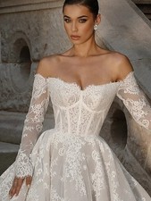 White Wedding Dresses Off The Shoulder A-Line Full Lace Boho Bridal Applique