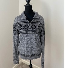 Chaps Boys XL 18/20 Black White Fair Isle Nordic Quarter Zip Cotton Sweater