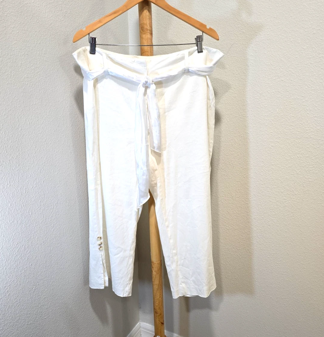 Linen Blend Cropped Pants Womens 14 White Wide Leg Summer Resort Belt Minimalist