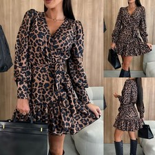 Womens Leopard Print Shirt Mini Dress Wrap V Neck Long Sleeve A-Line Dresses