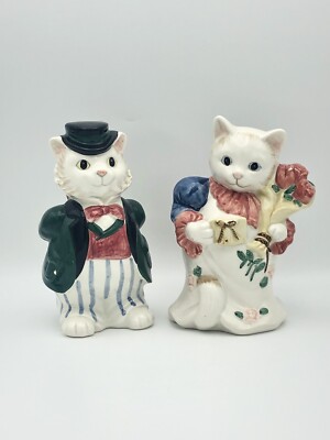 2 Fitz & Floyd Kittens of Knightsbridge Cat Mr Mrs Vases Planters Holders 1998
