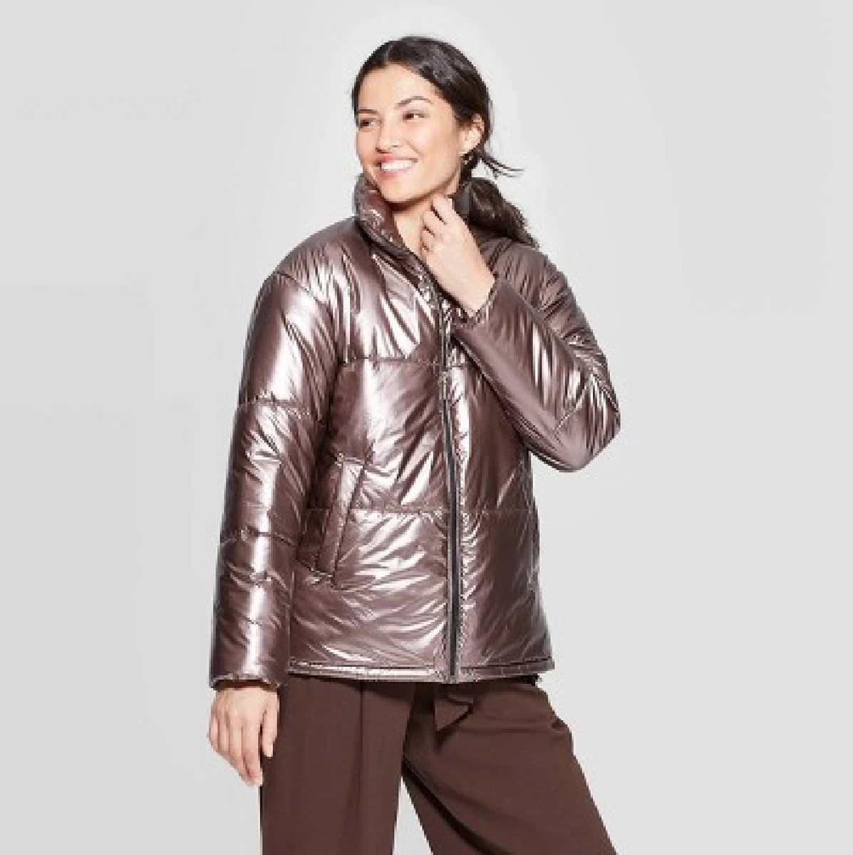 NWT A New Day Women s Metallic Brown Shimmer Puffer Jacket Coat Sizes S L 45
