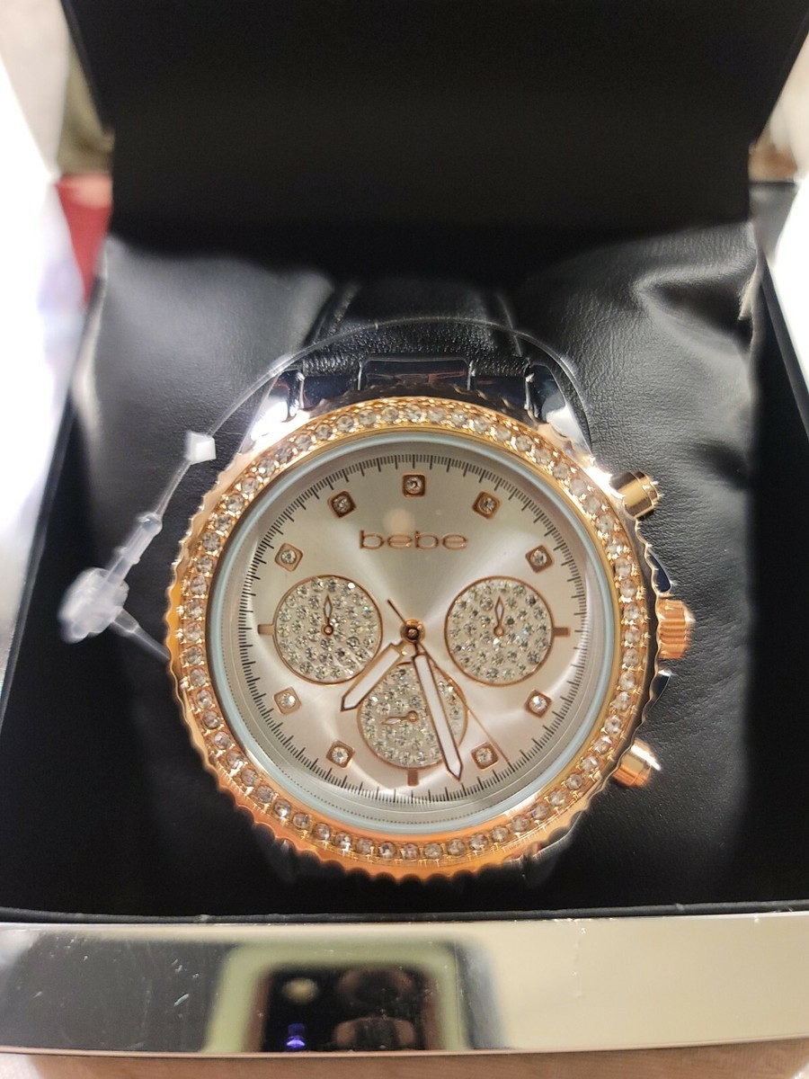 Bebe Womens Stainless Steel Rose Gold Color Bling Watch Black Leather Band 102777_rose-gold_1_1800x1800.  main image 4