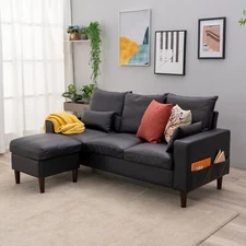 3 Seat Convertible Sectional Sofa Couch Linen Fabric L-Shaped + Ottoman