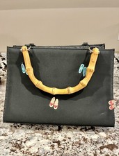 Vintage Embroidered Flip Flops Handbag w/Bamboo Handles Magnetic Closure Purse