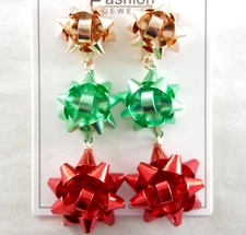 3" NWOT TRIPLE 3-D METAL HOLIDAY BOW CHRISTMAS DROP DANGLE PIERCED POST EARRINGS