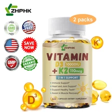 2 Packs Vitamin D3 K2 Plant Based Vitamin K2 MK7 + D3 10000IU - 100% Vegan Pills
