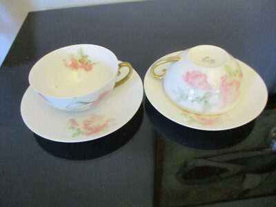 2 Antique Vintage Elegant Pink Rose Gold Gilt Austrian Tea Cup Saucer for Two!
