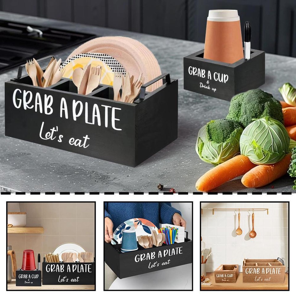 Plate Dispenser Organizer, Wooden Paper Plate Holders Utensil Caddy for