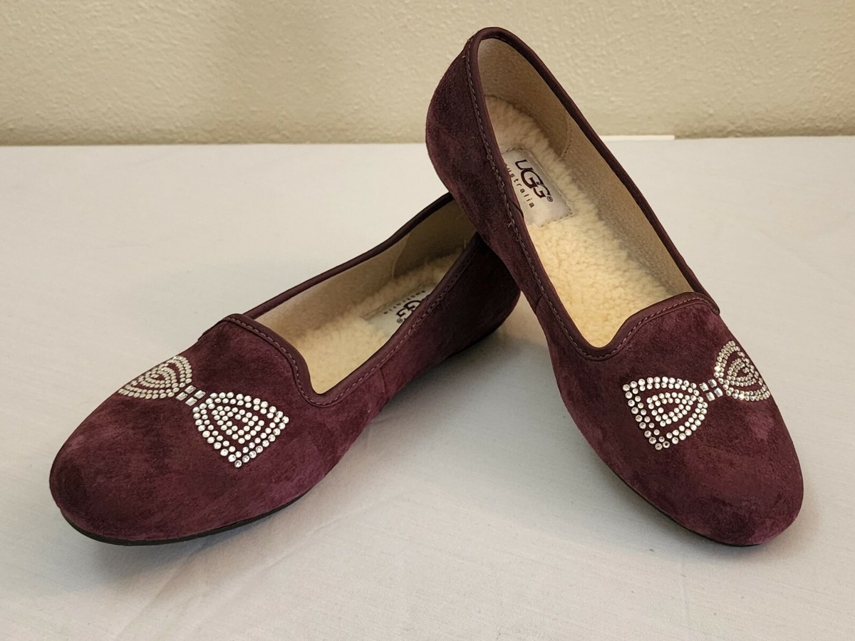 UGG Australia 1006713 ALLOWAY Burgundy Suede Crystal Bow Loafers 