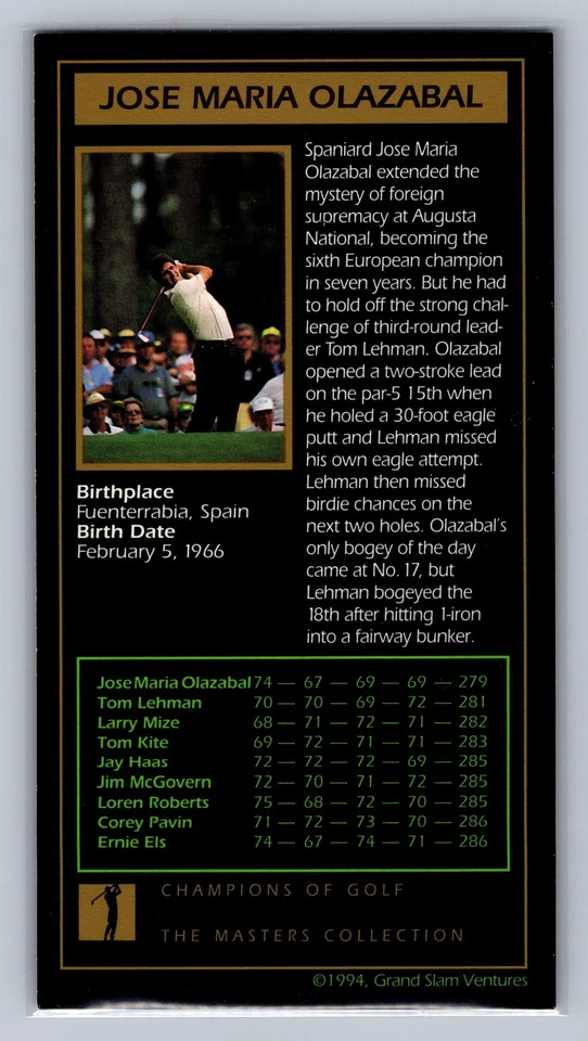 Jose Maria Olazabal 1998 Grand Slam Ventures: The Masters Collection #1994 - Image 2 of 2