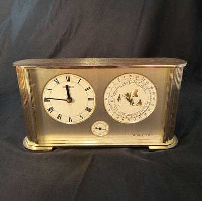 RARE Vintage SEIKO Japan Quartz World Time Brass Desk Clock QQZ276G TESTED