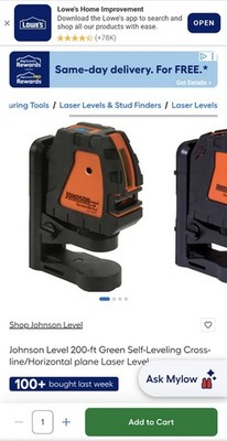 Johnson Level 40-6657 GreenBrite Self-Leveling Cross-Line Laser Level 200 ft NEW