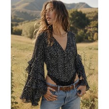 Free People Intimately Floral Ruffle Bell Sleeve Lace Bodice Bodysuit Navy L