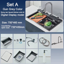 Stainless Steel Kitchen Sink with Digital Display Waterfall Faucet, Multifuncti