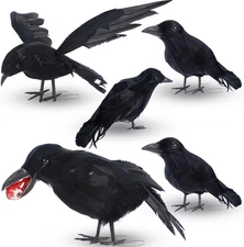 DR.DUDU 5 Pack Halloween Crows Decor, Realistic Black Feather Ravens with Eyebal