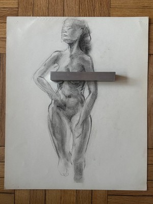 Antique 1970s Female Woman Standing Portrait Study Pencil Drawing OOAK 14 x 17
