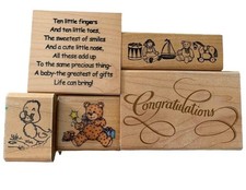Wooden Baby-Themed Rubber Stamp Lot Cute Illustrations Congratulatory Script D