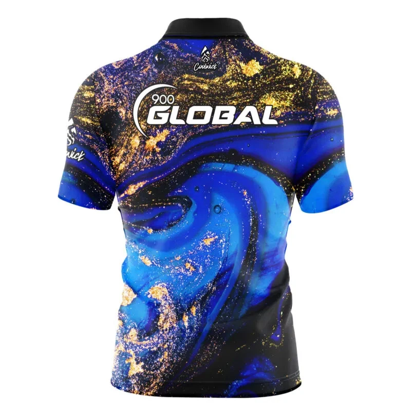 900 Global Blue Gold Liquid Marble Quick Ship CoolWick Sash Zip Bowling Jersey