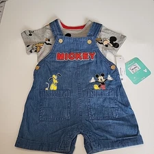 New DISNEY BABY 2 piece set Overall MICKEY MOUSE & PLUTO Size 0-3mo