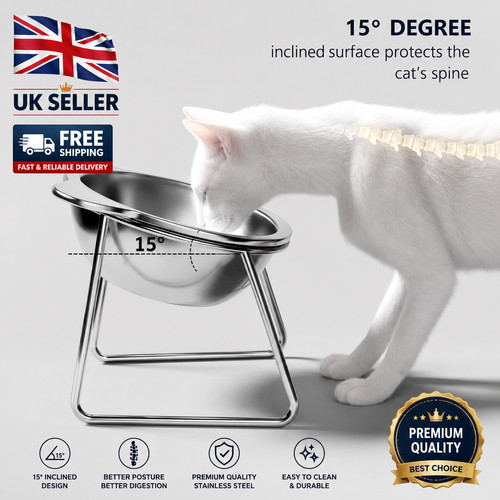 Pet Feeding Bowl Dog Raised Elevated Stainless Steel Stand 15°Tilted Angle