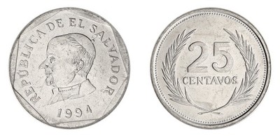 El Salvador 25 Centavos, 1993-2000, KM #157b, XF-Extremely Fine