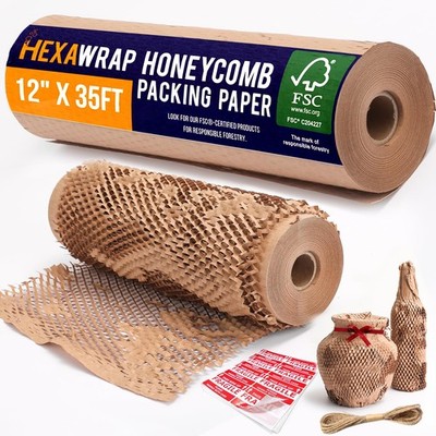 Honeycomb Packing Paper 12'' x 35ft with Rope & 20 Fragile x 35ft, Brown 