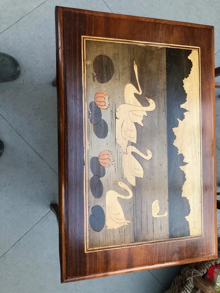 SERIE 2 TABLE GIGOGNE MARQUETERIE DECOR ANIMAUX - Photo 2/4