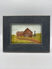 Vintage 7x9” Hand Painted Gas Station Signed Country Framed