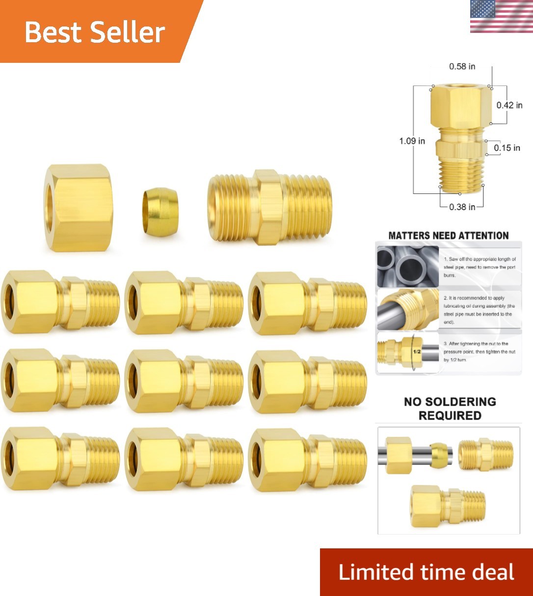 Brass Compression Tube Fitting, 1/4" OD x 1/8" NPT Male Compression Union Con...