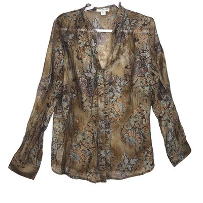 Coldwater Creek Womens XL Brown Paisley Floral Sheer Lyocell Blouse Shaped Top