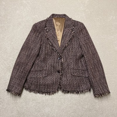 Brioni Boucle Blazer Jacket Women's UK 12 Brown Tweed Frilly Hacking Bangkok