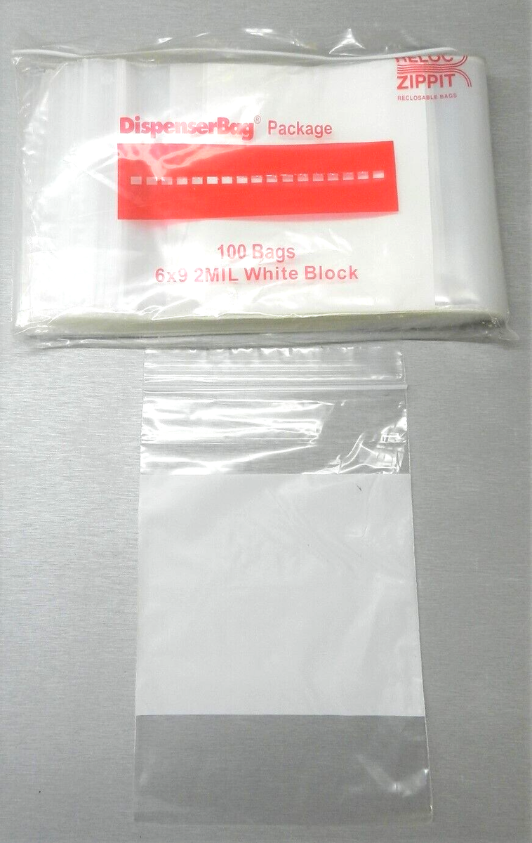 100 6x9 WHITE BLOCK Bags 2mil Reloc Zippit Reclosable Baggies 2
