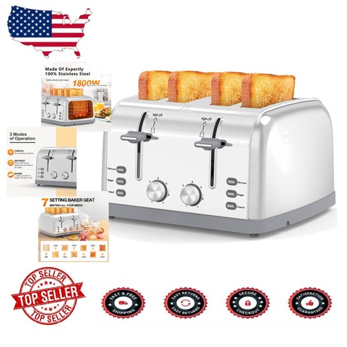 Customizable 4-Slice Retro Toaster with 7 Shade Settings and Anti-Jam ...