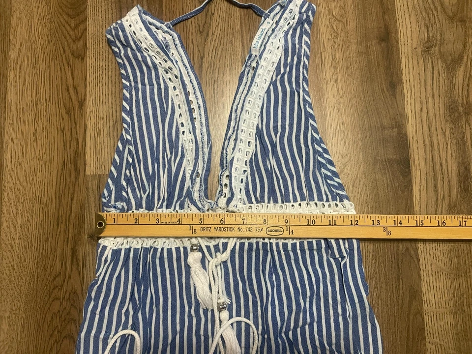 Vestido Blue Island, Para Mujer Pequeño, Azul Blanco, Rayas, Sin Mangas, Cuello Sobrepelliz Foto 4 de 4