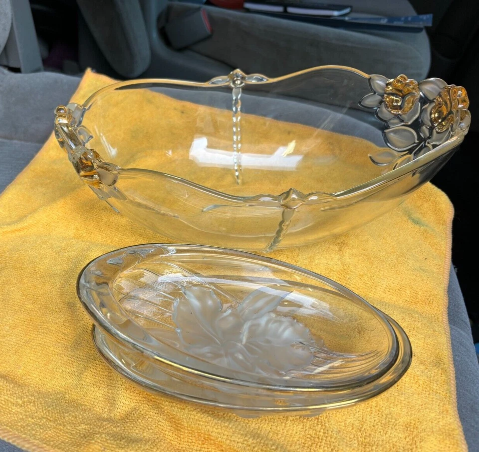 Vintage Glass Dish with Iris Nova Studio Japan Etched and Frosted Glass Oval Gla - Image 4 of 4