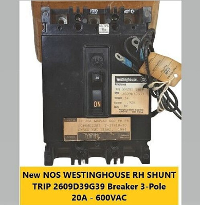 New NOS WESTINGHOUSE RH SHUNT TRIP 2609D39G39 Breaker 3-Pole 20A - 600VAC