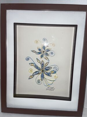 Paper Quilling Floral Framed Wall Art 15x11  Handmade Shadow Box Signed 2014